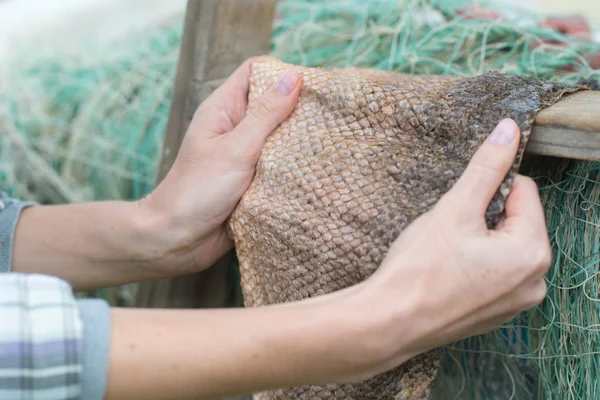 Mani che detengono la pelle mediante rete da pesca — Foto Stock