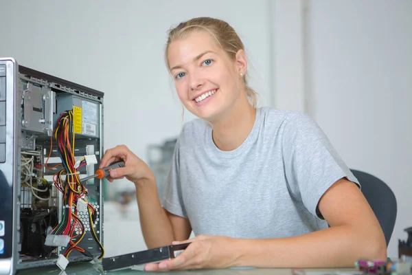 Dator teknikern poserar och tekniker — Stockfoto