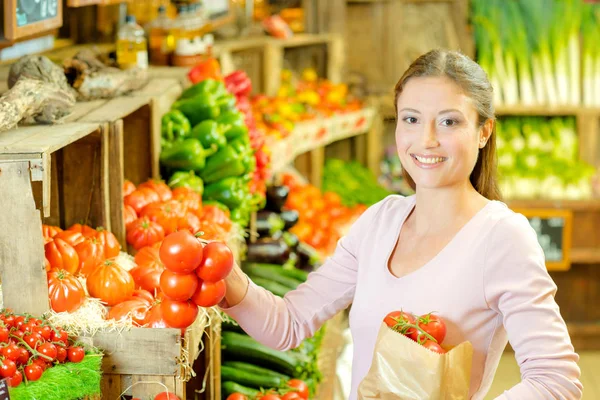 Senhora segurando tomates e saco de papel — Fotografia de Stock