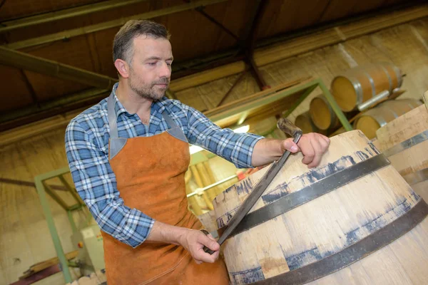 Cooper working on barrel — Stock Photo, Image