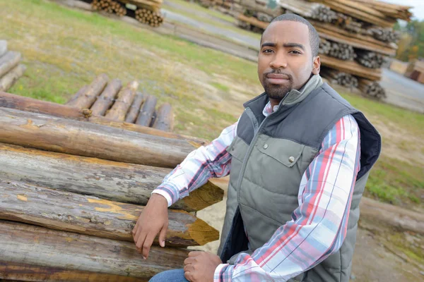 Portret van man naast stapel hout — Stockfoto