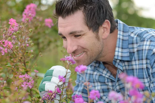 Hombre oliendo flores al aire libre — Foto de Stock