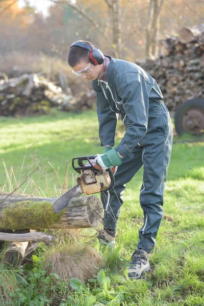 Man using chainsaw and man