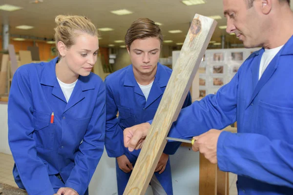 Aprendizes masculinos e femininos assistindo carpinteiro — Fotografia de Stock