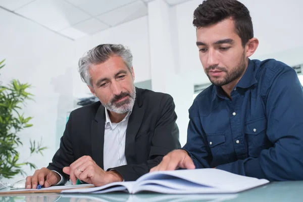 Zwei Geschäftsleute schauen sich Buch an — Stockfoto