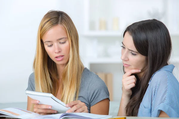 Two girlfriends with the record book at home — Stock Photo, Image