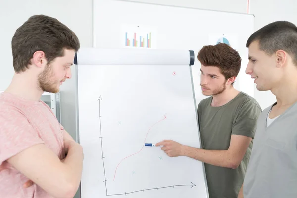 Ung affärsman förklarar diagrammet på Whiteboard-tavlan till kollegorna — Stockfoto