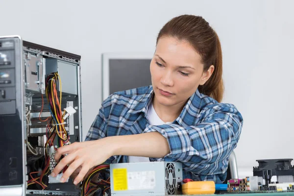 Fêmea alegre ele técnico que recruta uma parte de computador — Fotografia de Stock