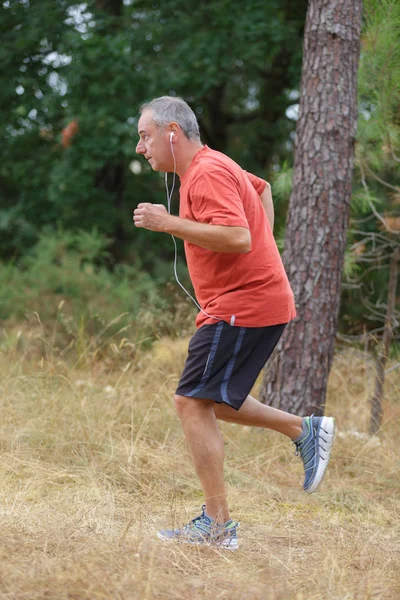 Спортивный взрослый мужчина бегает в лесу — стоковое фото