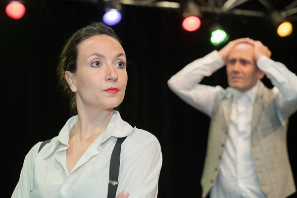 Male and woman theatre actors on stage — Stock Photo, Image