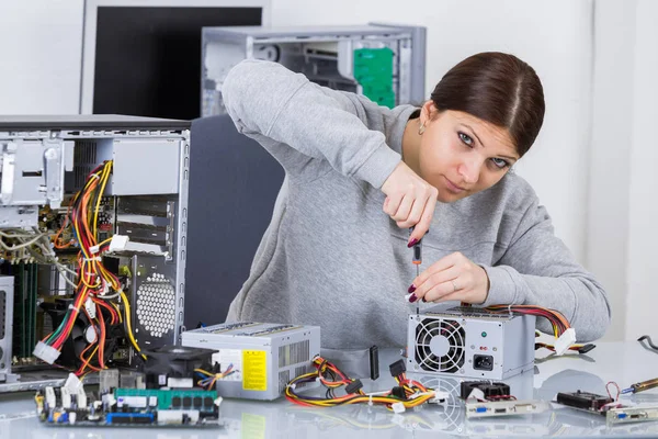 Feliz técnico computador feminino — Fotografia de Stock