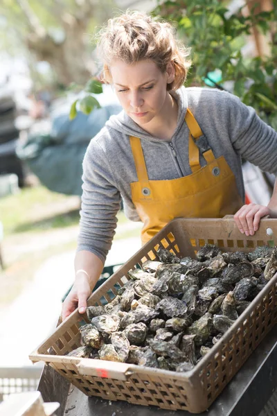 Vrouw met mand van oesters — Stockfoto