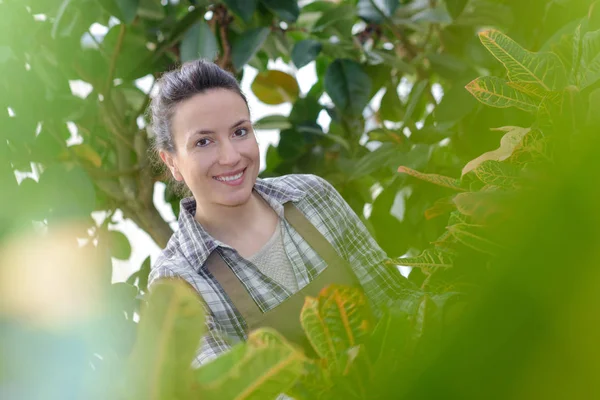 Femme heureuse jardinier avec tablier à l'extérieur — Photo