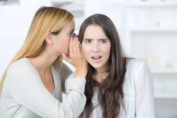 Jovem mulher dizendo a seu amigo alguns segredos — Fotografia de Stock