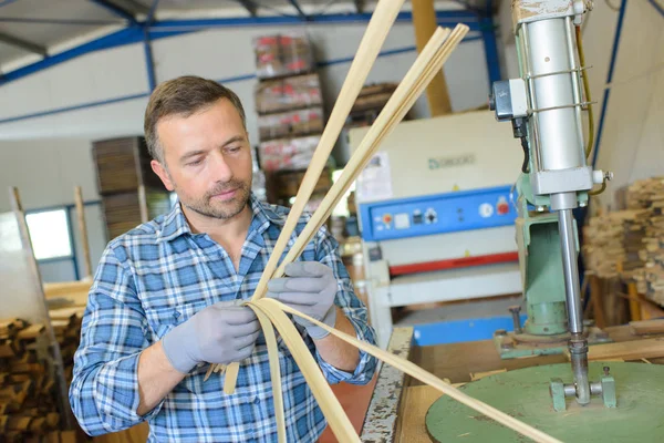 Handwerker hält dünne Bänder aus Holz — Stockfoto