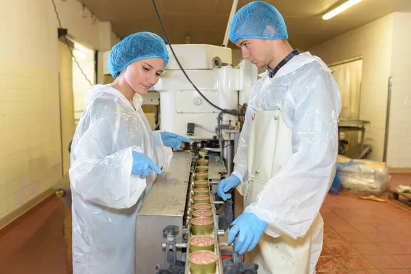 Работник завода проверяет продукты питания — стоковое фото