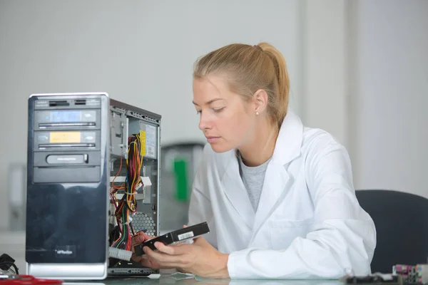 Lady reparera datorn och reparation — Stockfoto