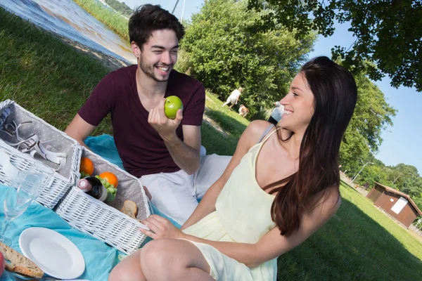 Retrato de pareja joven durante un picnic romántico en el campo — Foto de Stock