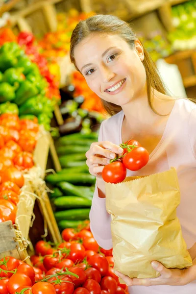 Dívka paperbag a rajčat — Stock fotografie
