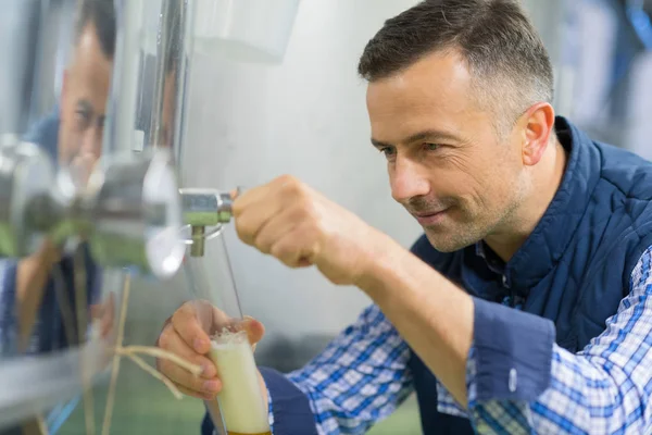 Techniker entnimmt Milchprobe in Milchfabrik — Stockfoto