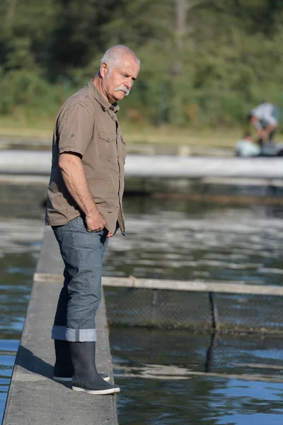 Senior fisherman working in a fish farm — Stock Photo, Image