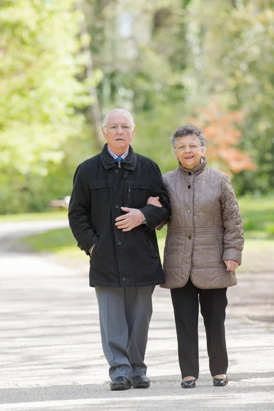 Elderly couple walking on park alley — Stock Photo, Image