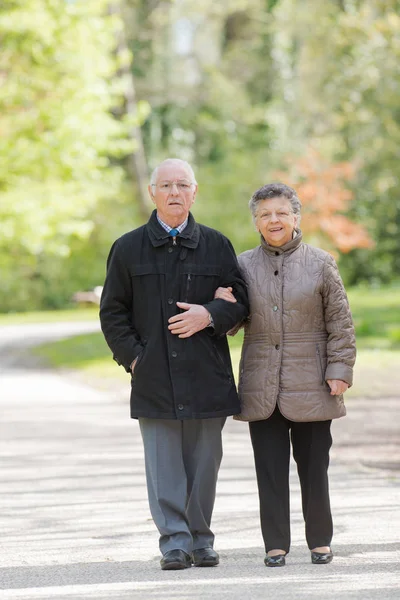 Pareja de ancianos caminando por el callejón del parque —  Fotos de Stock