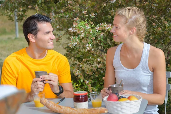 Nice sunday breakfast and couple — Stock Photo, Image