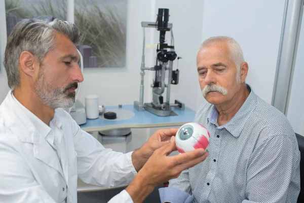 Офтальмолог с глазной моделью показывает пожилого пациента — стоковое фото