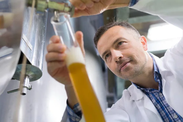 Cientista cervejaria recolhendo amostras do recipiente — Fotografia de Stock