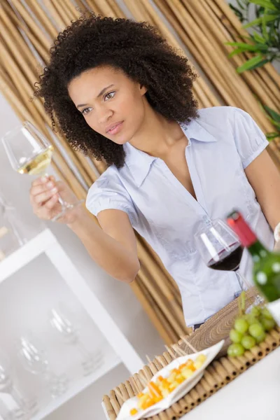 Alegre atraente morena bebendo vinho branco em sua sala de estar — Fotografia de Stock