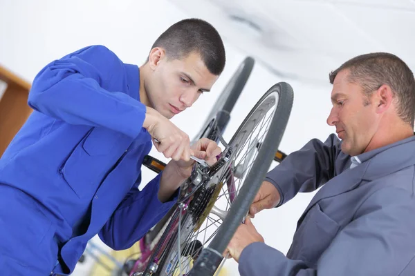 自転車整備士と研修生がワークショップで自転車を修理し — ストック写真