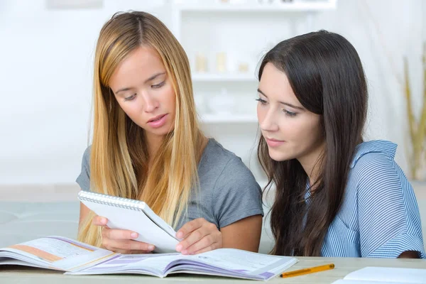 Mulheres jovens lendo e estudando juntos — Fotografia de Stock