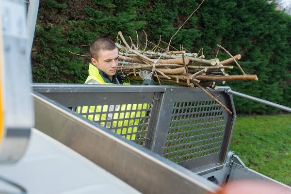 Trabalhador colocando galhos de árvore em seu caminhão — Fotografia de Stock