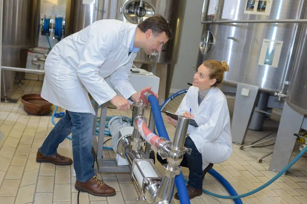 Dos trabajadores con batas de laboratorio mostrando su proceso de producción lechera — Foto de Stock