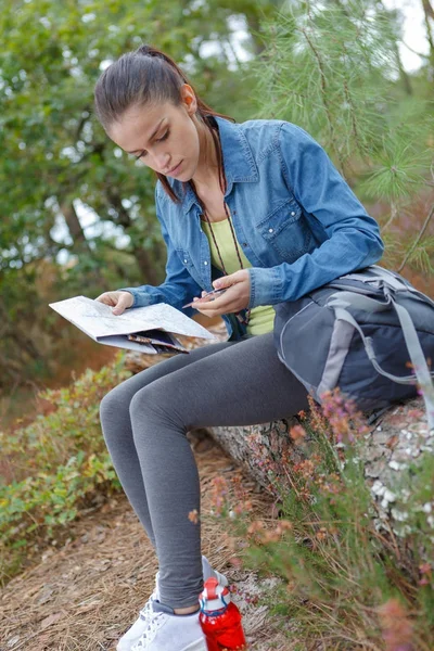 Jovem caminhante feminino trekking na natureza e procurando direções — Fotografia de Stock