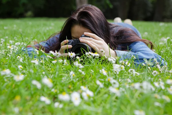 Çimenlerin üzerinde kadın fotoğrafçı — Stok fotoğraf