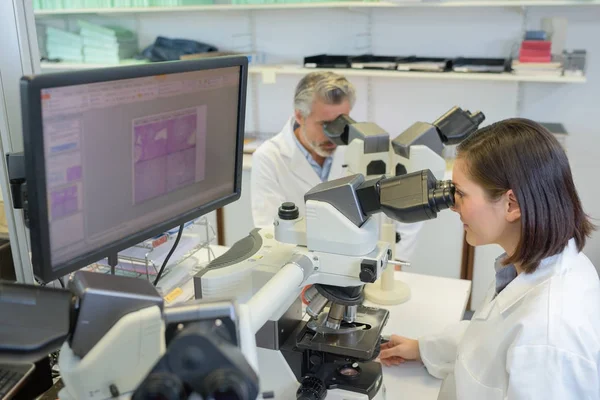 Técnicos em laboratório olhando para microscópios — Fotografia de Stock