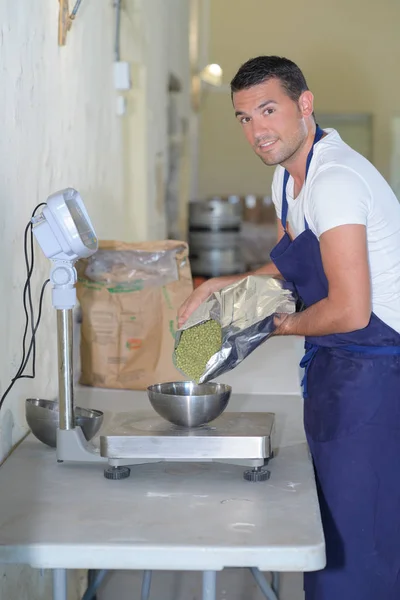 Mestre cervejeiro colocar o fermento para fermentação — Fotografia de Stock