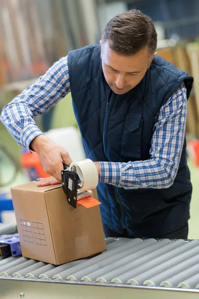 Magazijnmedewerker met behulp van de scanner in het magazijn — Stockfoto