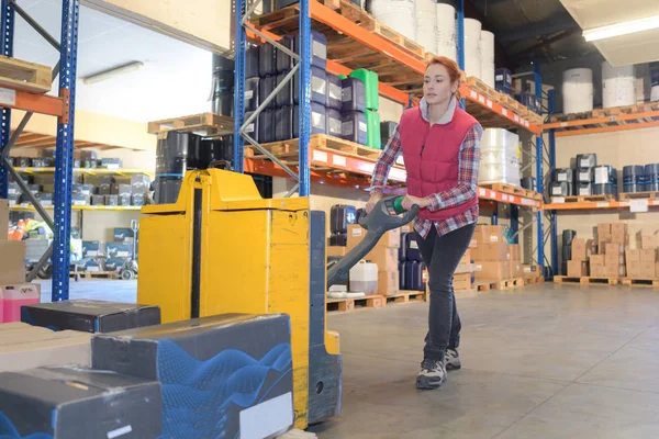 Lavoratrice che trasporta una scatola in magazzino — Foto Stock
