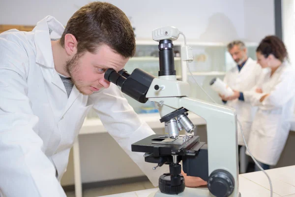 顕微鏡で勤務する大学の医学生 — ストック写真