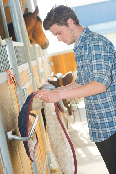 Stalla ragazzo e cavallo — Foto Stock