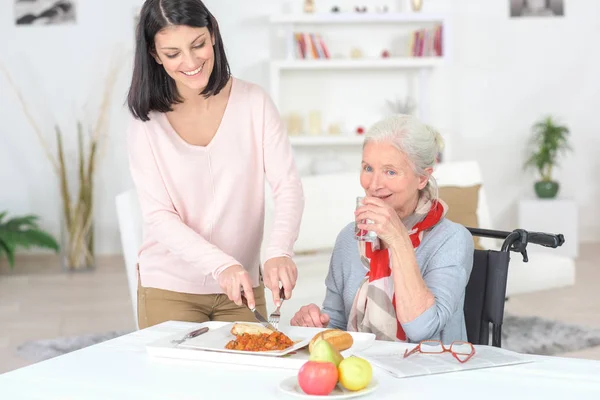 Die professionelle Krankenschwester füttert eine ältere Dame — Stockfoto