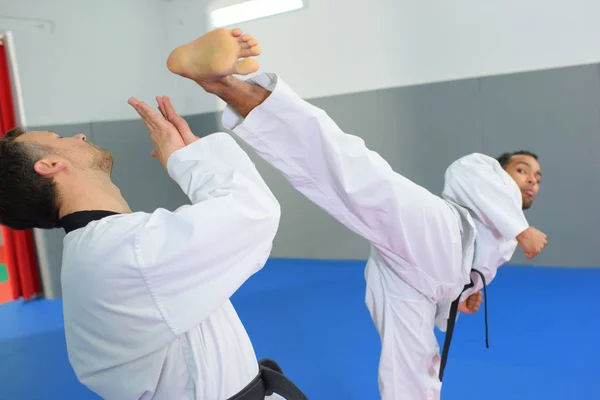 Männer in weißem Kimono und schwarzem Gürtel trainieren Karate — Stockfoto