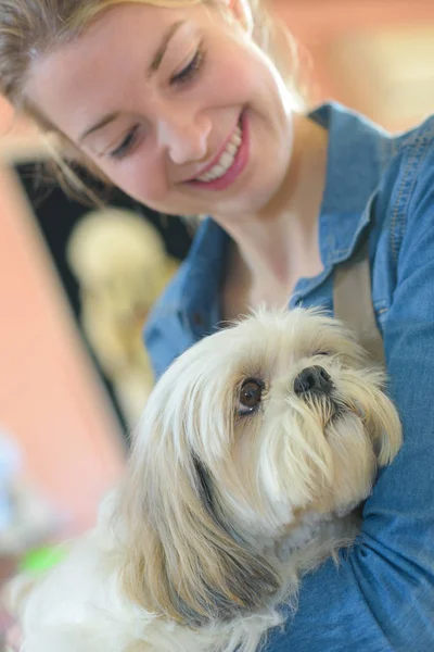 Mulher com cão e cão — Fotografia de Stock