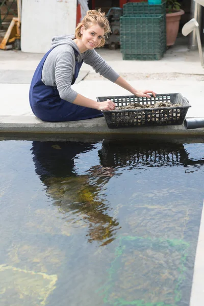 Trabalhadora com ostras em recipientes na fazenda de ostras — Fotografia de Stock