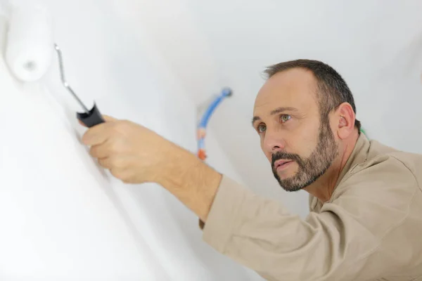 Pittore pittura parete con rullo — Foto Stock