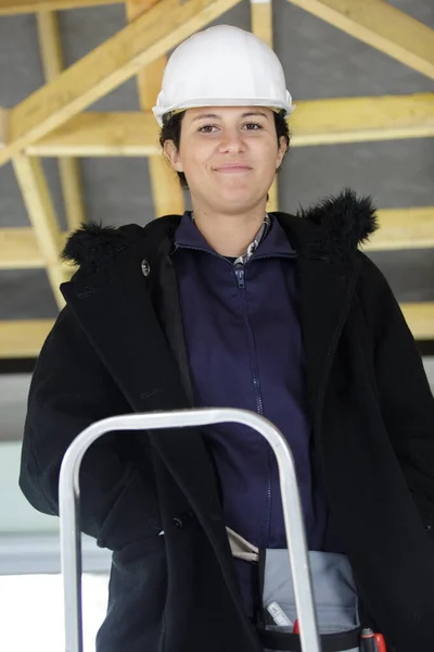 Young female worker on a ladder — Stock Photo, Image