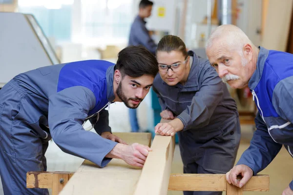 Carpinteiro com aprendiz no período de formação — Fotografia de Stock